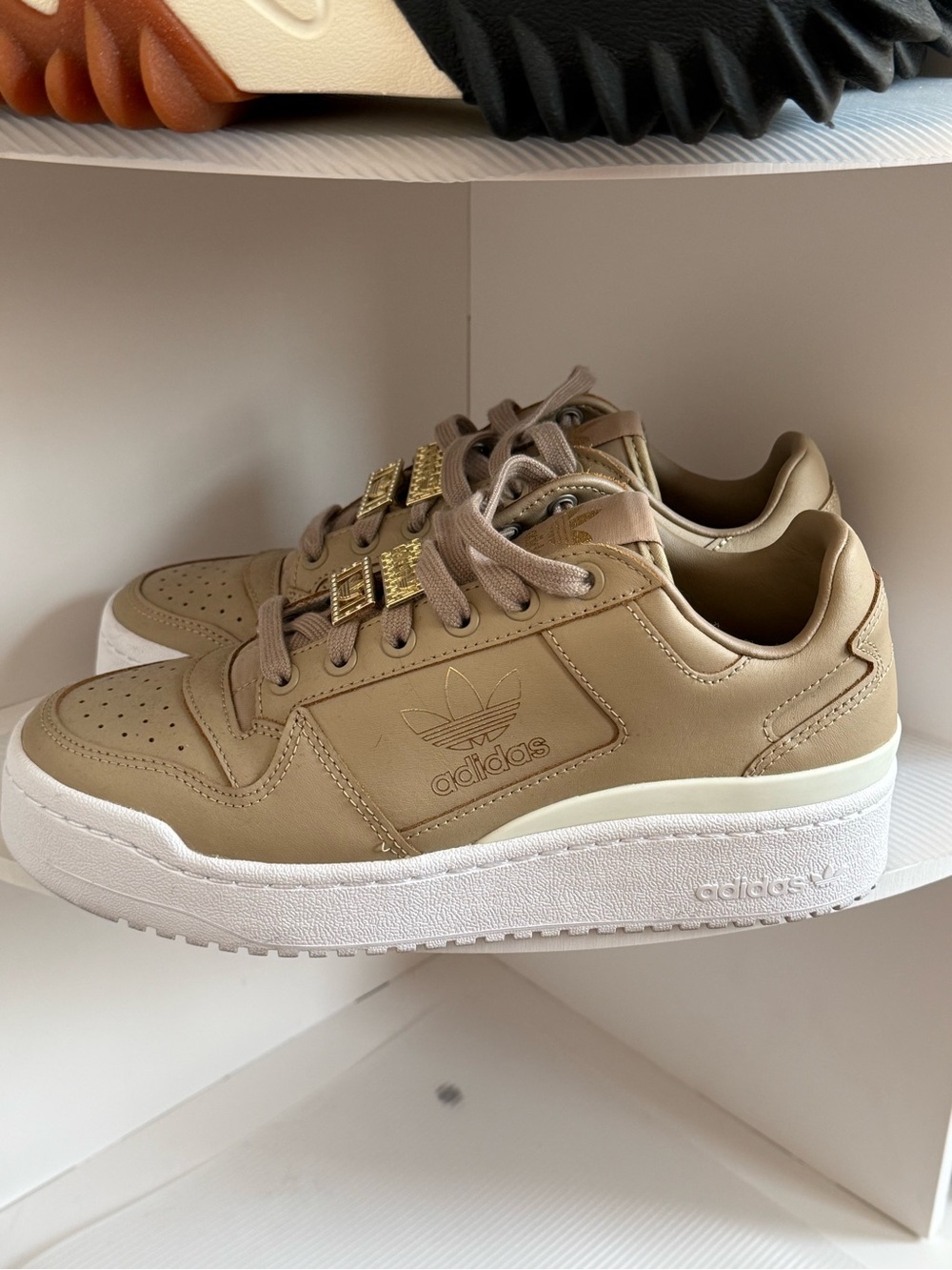 Adidas Tan Low-Top Sneakers with Gold Accents